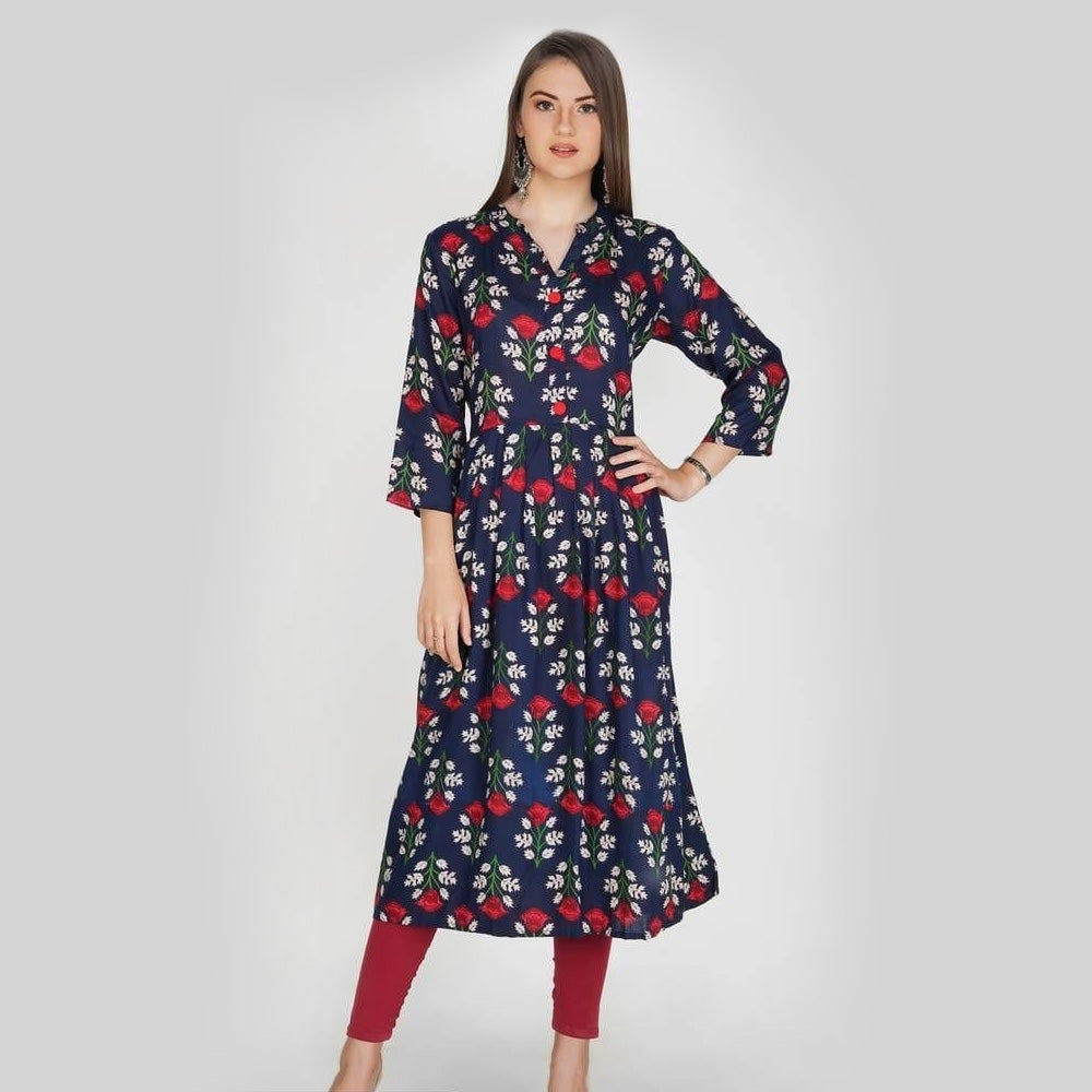 Blue Rayon Printed A Line Style Kurti