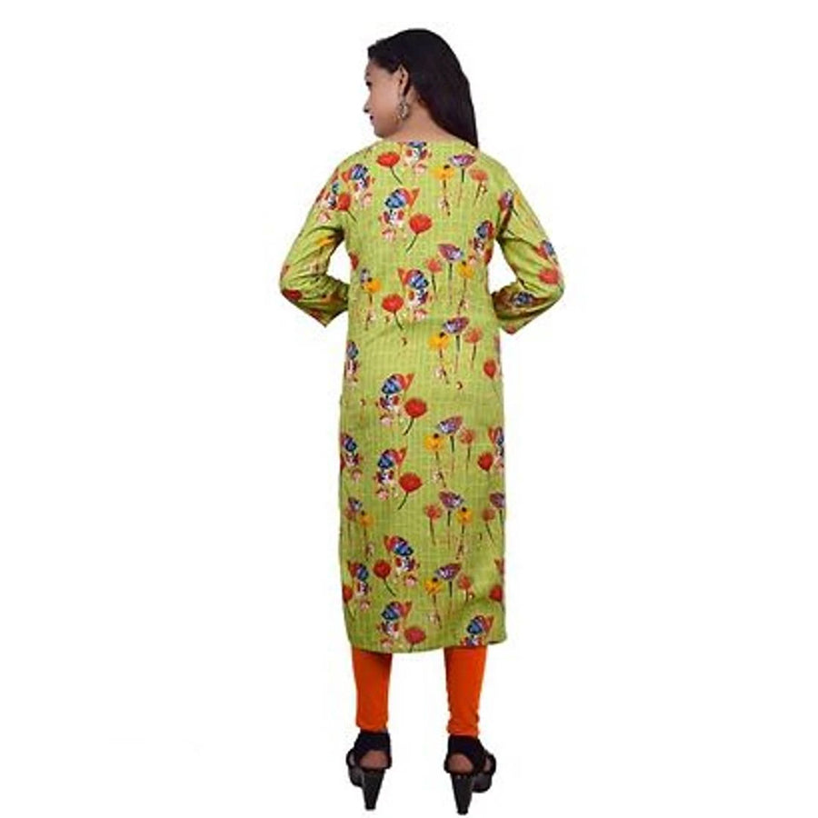 Women's Floral Print Straight Green Rayon Kurti