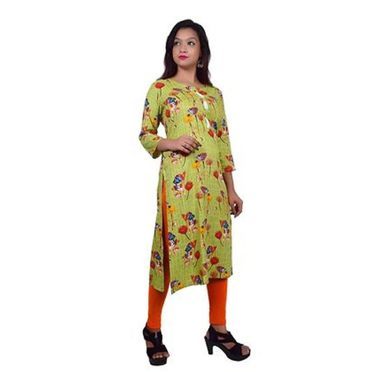 Women's Floral Print Straight Green Rayon Kurti