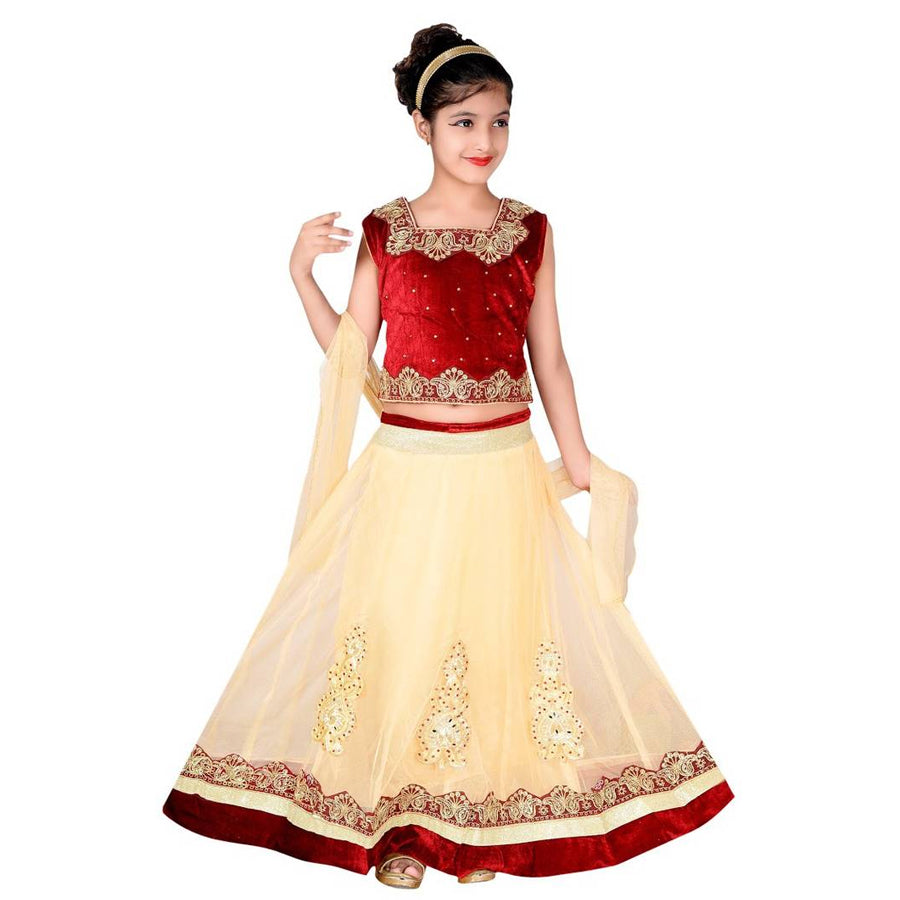 Maroon Embroidered Net Girl's Lehenga Choli