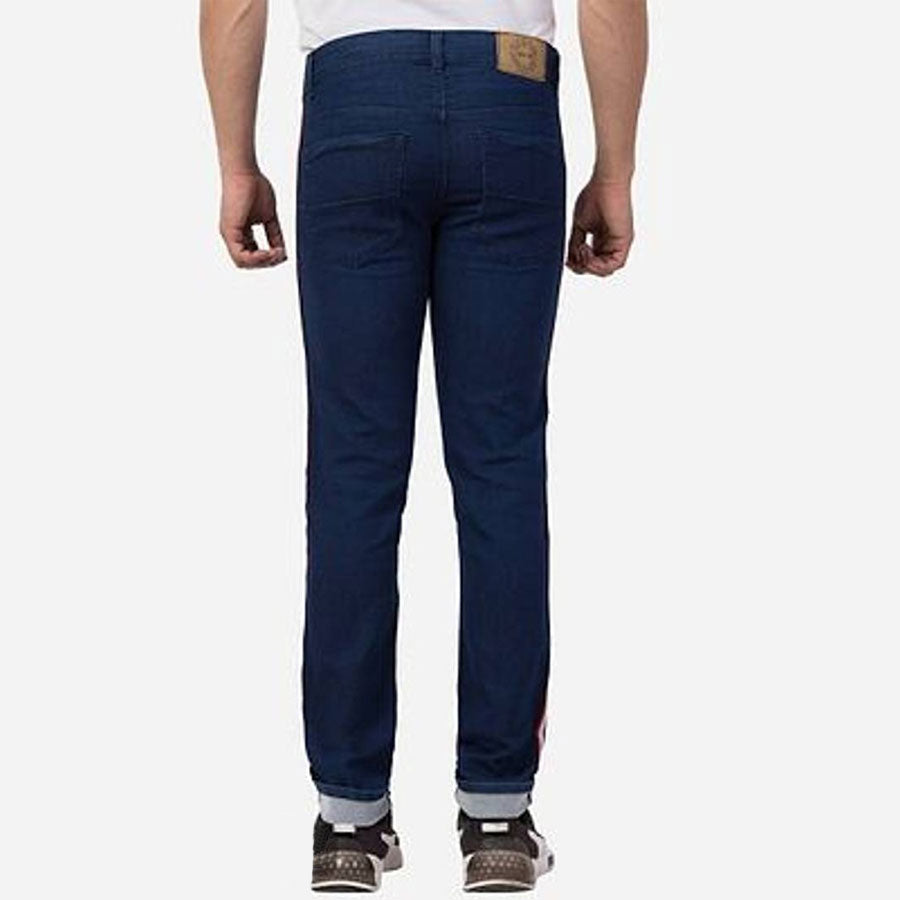 Men Navy Blue Cotton Stretchable Solid Slim Fit Jeans with Lace Stripe