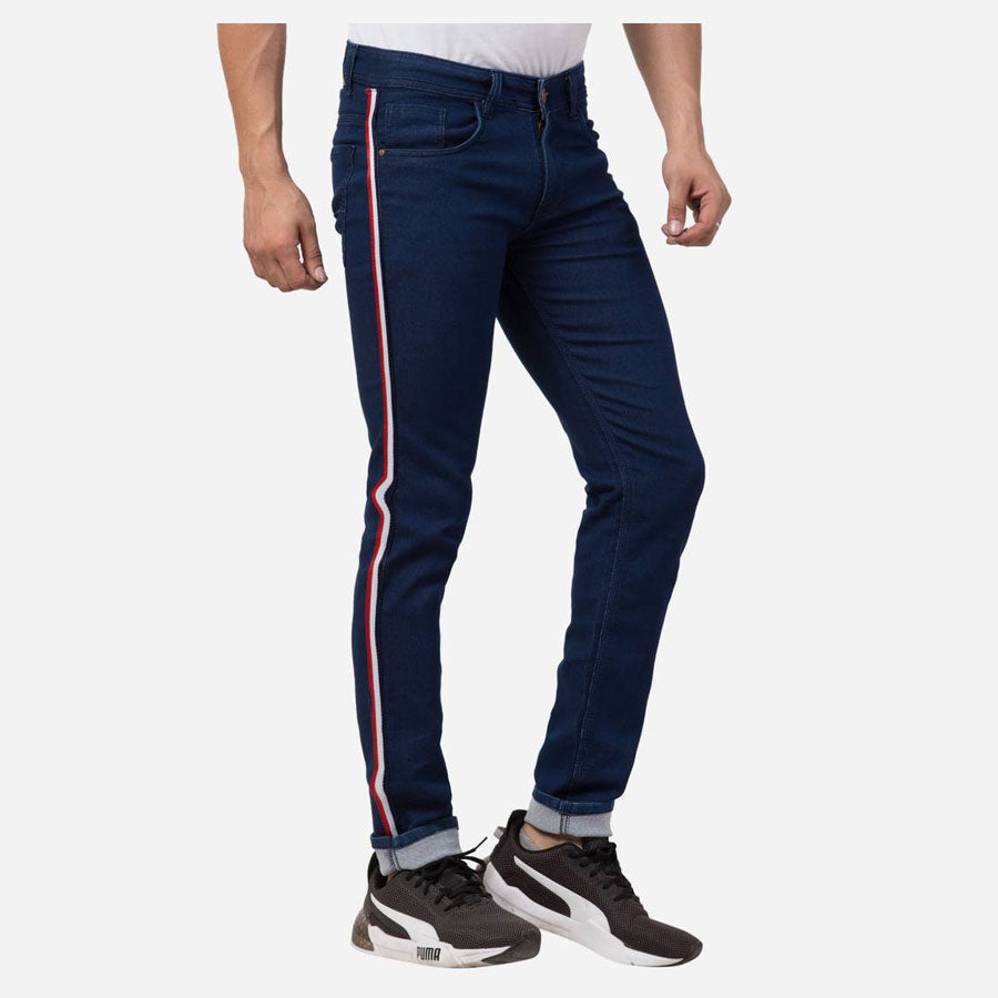Men Navy Blue Cotton Stretchable Solid Slim Fit Jeans with Lace Stripe
