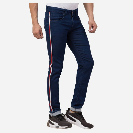 Men Navy Blue Cotton Stretchable Solid Slim Fit Jeans  with Lace Stripe