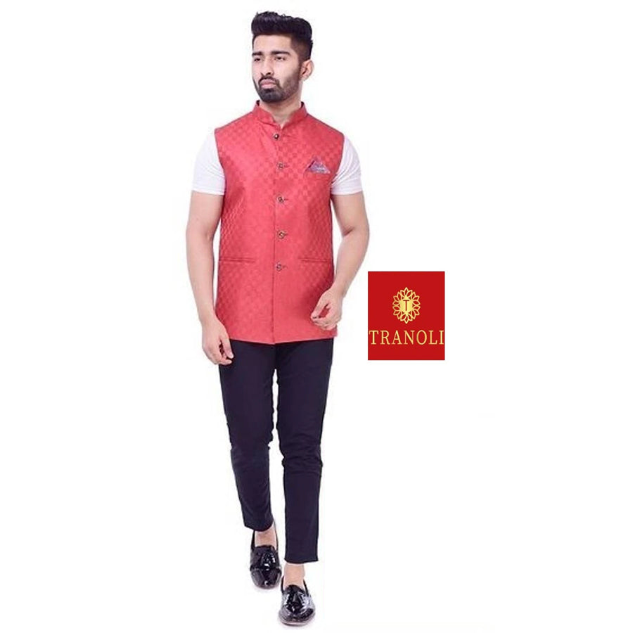 TRANOLI Fashionable Red Jute Checked Waistcoat For Men