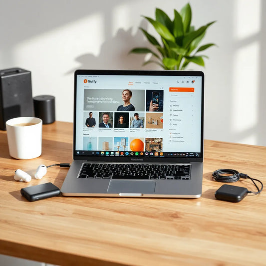 Wireless earbuds, power bank, and other small gadgets beside a laptop on a tidy desk.
