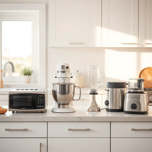 Countertop with a blender, toaster, microwave, and mixer in a bright modern kitchen