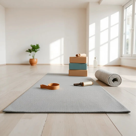 Yoga mat with stretching strap, blocks, and a foam roller arranged in a bright studio