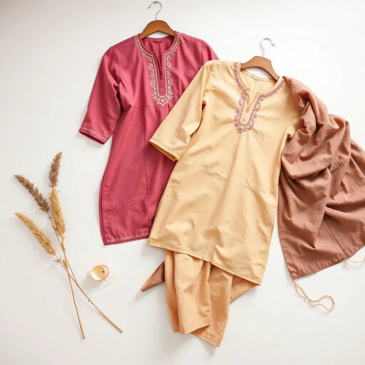 Coordinated women’s kurti sets displayed with matching bottoms and a folded dupatta on a neutral background