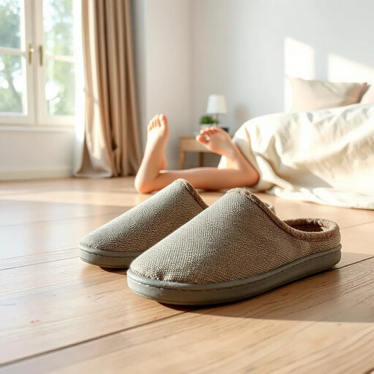 Pair of magnetic therapy slippers on a wooden floor with soft natural light and relaxed comfort focus