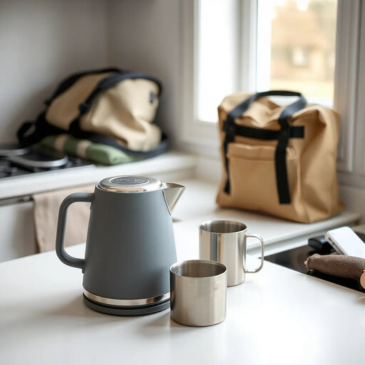 Portable silicone kettle on a kitchen counter beside a mug, with travel bag softly blurred in the background