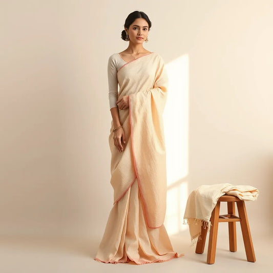 Woman draped in a pastel cotton saree with fabric texture visible beside a neatly folded saree