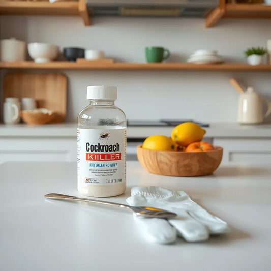 Small bottle of cockroach killer powder with a measuring spoon and gloves on a kitchen counter
