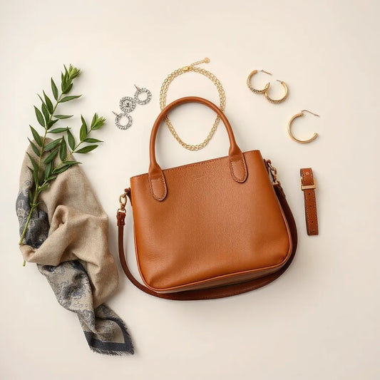 Women’s accessories styled together: leather bag, layered jewelry, scarf, belt, and earrings on a neutral background.