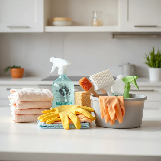 Neatly arranged cleaning supplies on a kitchen counter including cloths, spray bottle, gloves, and scrub tools.