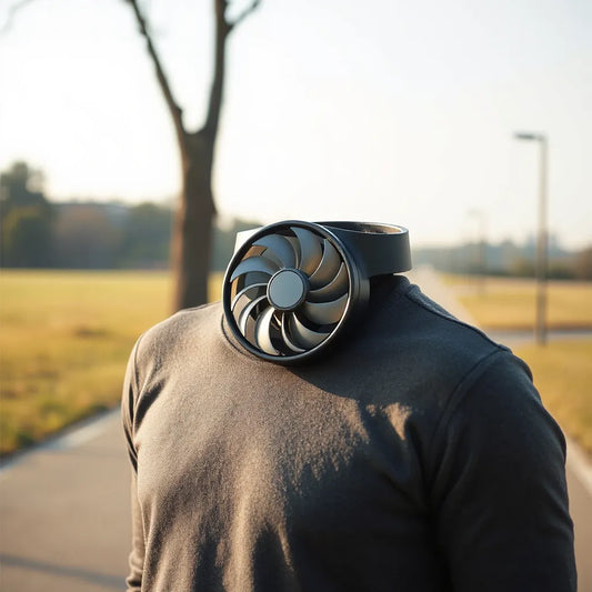 Neck-worn portable mini fan providing gentle airflow outdoors on a warm day