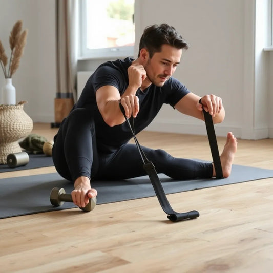 Yoga resistance band loop with handles used during a seated stretch on an exercise mat