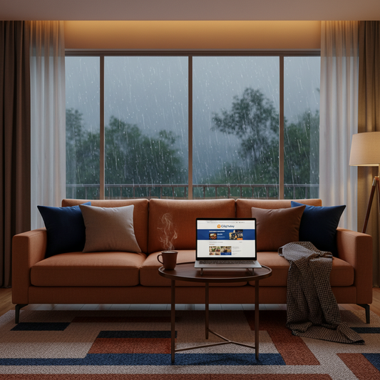 Cozy living room with monsoon rain outside, a cup of chai, and a laptop showing deals.