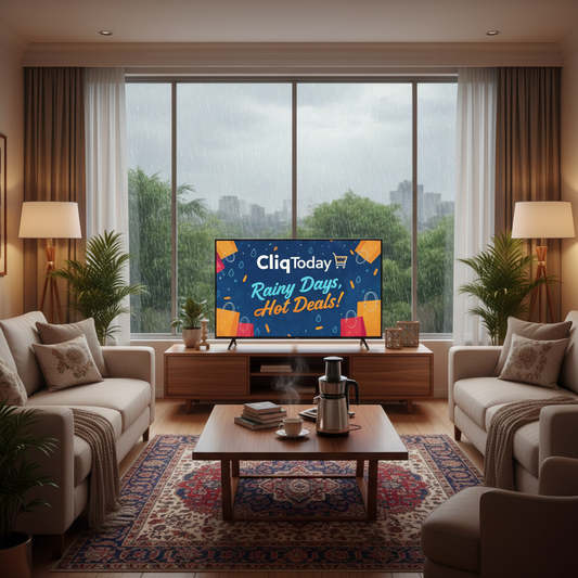 Cozy living room with monsoon rain outside, showcasing electronics and kitchen appliances on a coffee table.