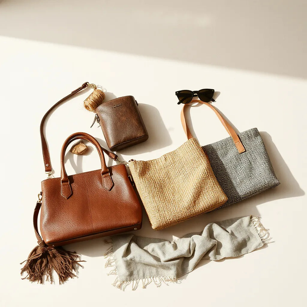 Assorted women’s handbags on a neutral background, showing structured, crossbody, and tote styles