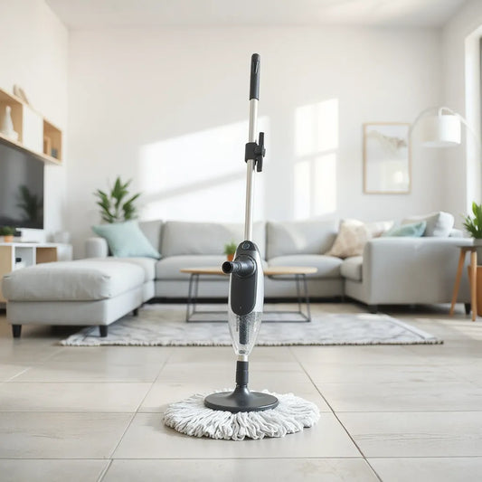 Multi-functional spray mop with spray mist on a clean living room floor