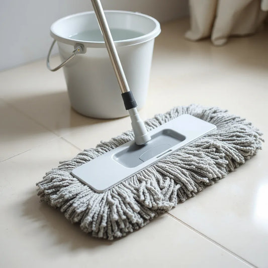 Microfiber floor cleaning mop with flat head on clean tile, with a water bucket nearby