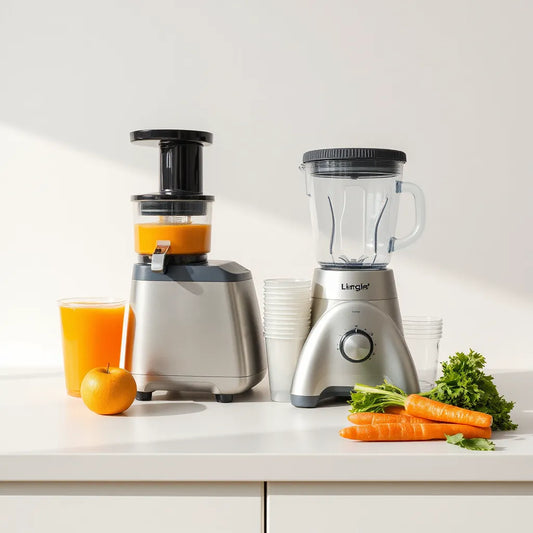 Modern juicer and blender on a kitchen counter with fresh fruits and leafy greens nearby