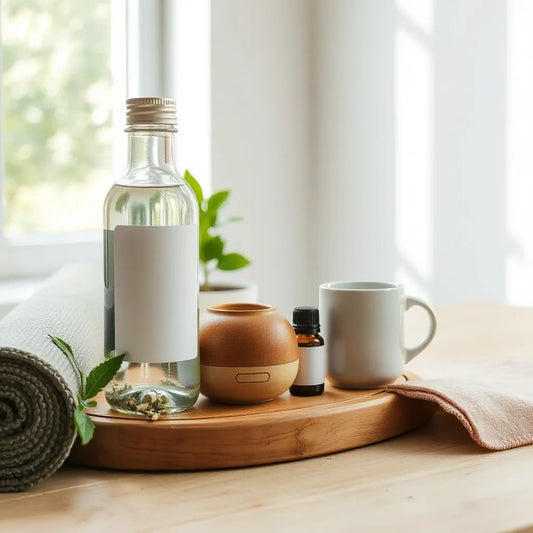 Assorted wellness essentials like a water bottle, diffuser, and supplements arranged on a clean wooden surface