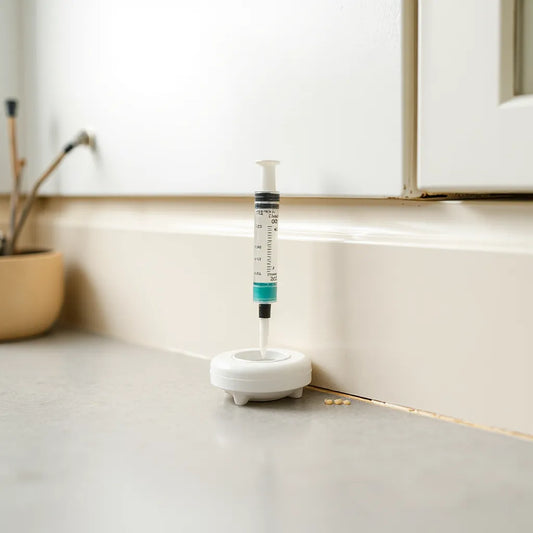 Syringe applying small drops of pest control gel along a kitchen baseboard crack