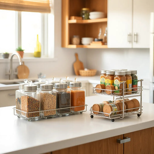 Neatly arranged spice jars in countertop organizers with a pull-out rack for easy access