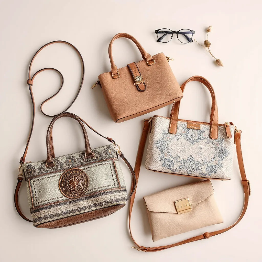 Embroidered and textured women’s handbags arranged in a neat fashion flat lay