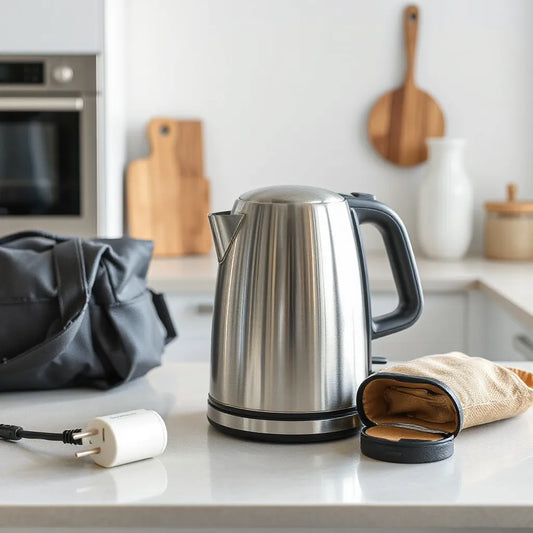 Stainless dual voltage electric kettle on a countertop with a travel adapter and bag nearby