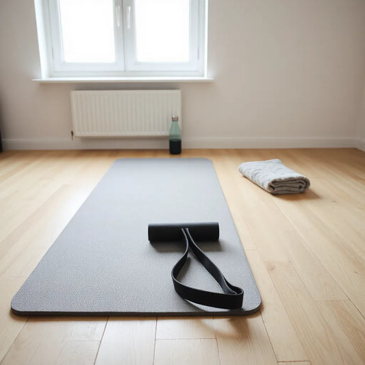 Yoga mat with resistance bands laid out for strength and flexibility training at home