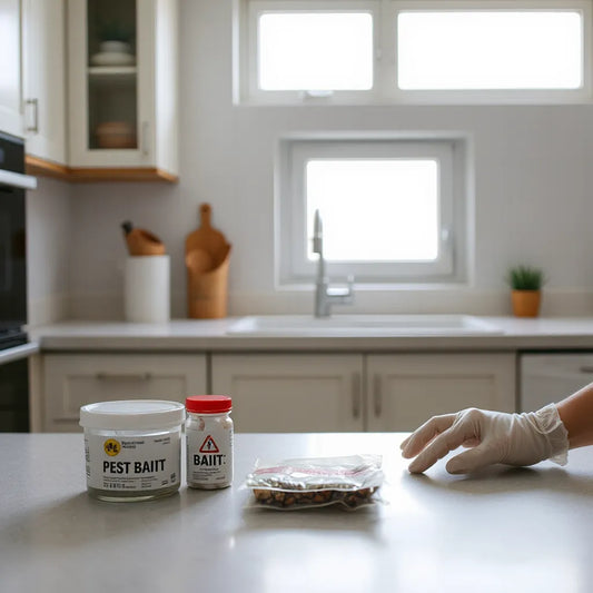Gloved hand placing a sealed bait station near a clean kitchen sink to prevent indoor cockroaches