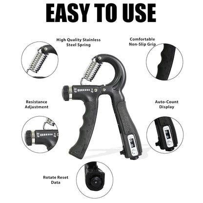 Hand grip trainer with features highlighted on a white background