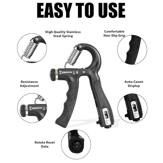 Hand grip trainer with features highlighted on a white background