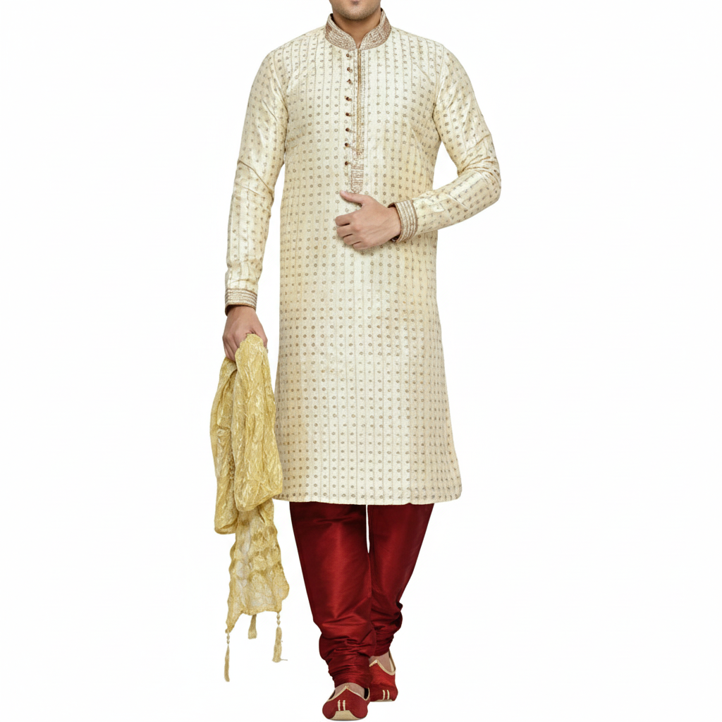 Indian Poshakh Men's Silk Sherwani (1147_34, 34, Beige and Red)