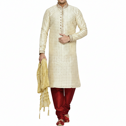 Indian Poshakh Men's Silk Sherwani (1147_34, 34, Beige and Red)