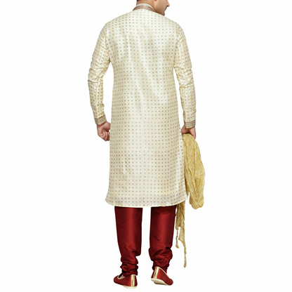 Indian Poshakh Men's Silk Sherwani (1147_34, 34, Beige and Red)