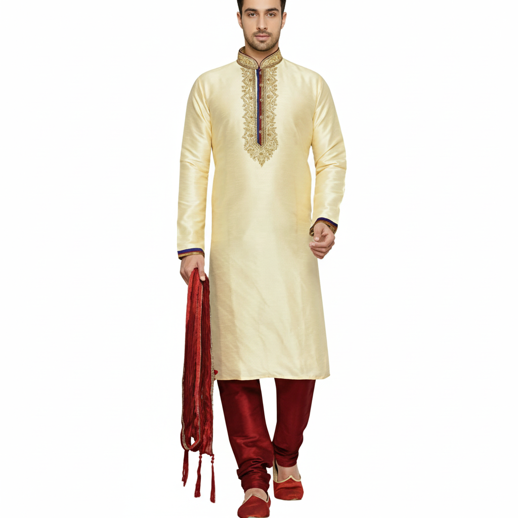 Indian Poshakh Men's Silk Sherwani (Gold and Red)