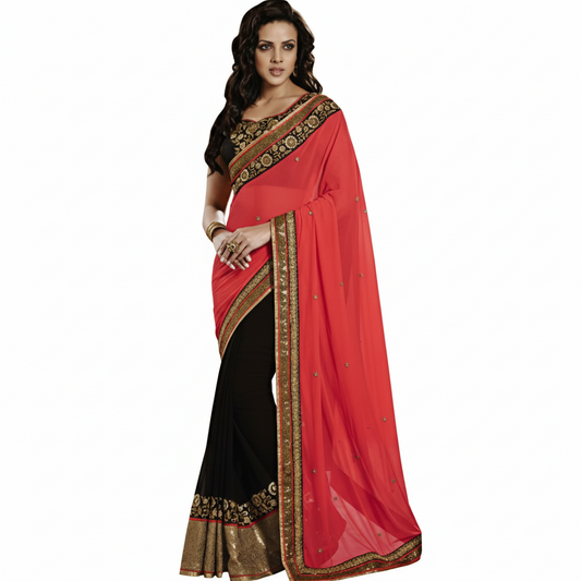 Nakkashi Women's Georgette Saree (Black and Red)