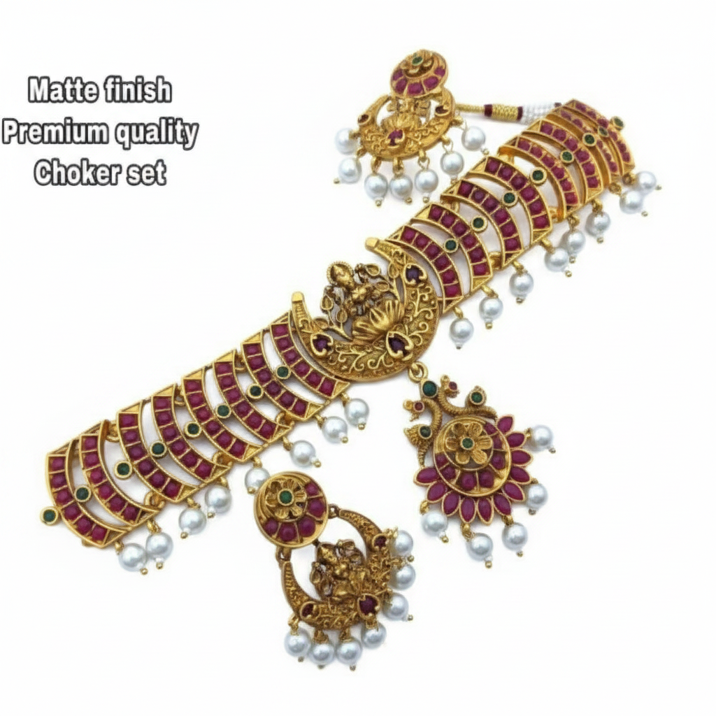 Women's Elegent Brass Chain Necklace Set (Pink, Free Size)