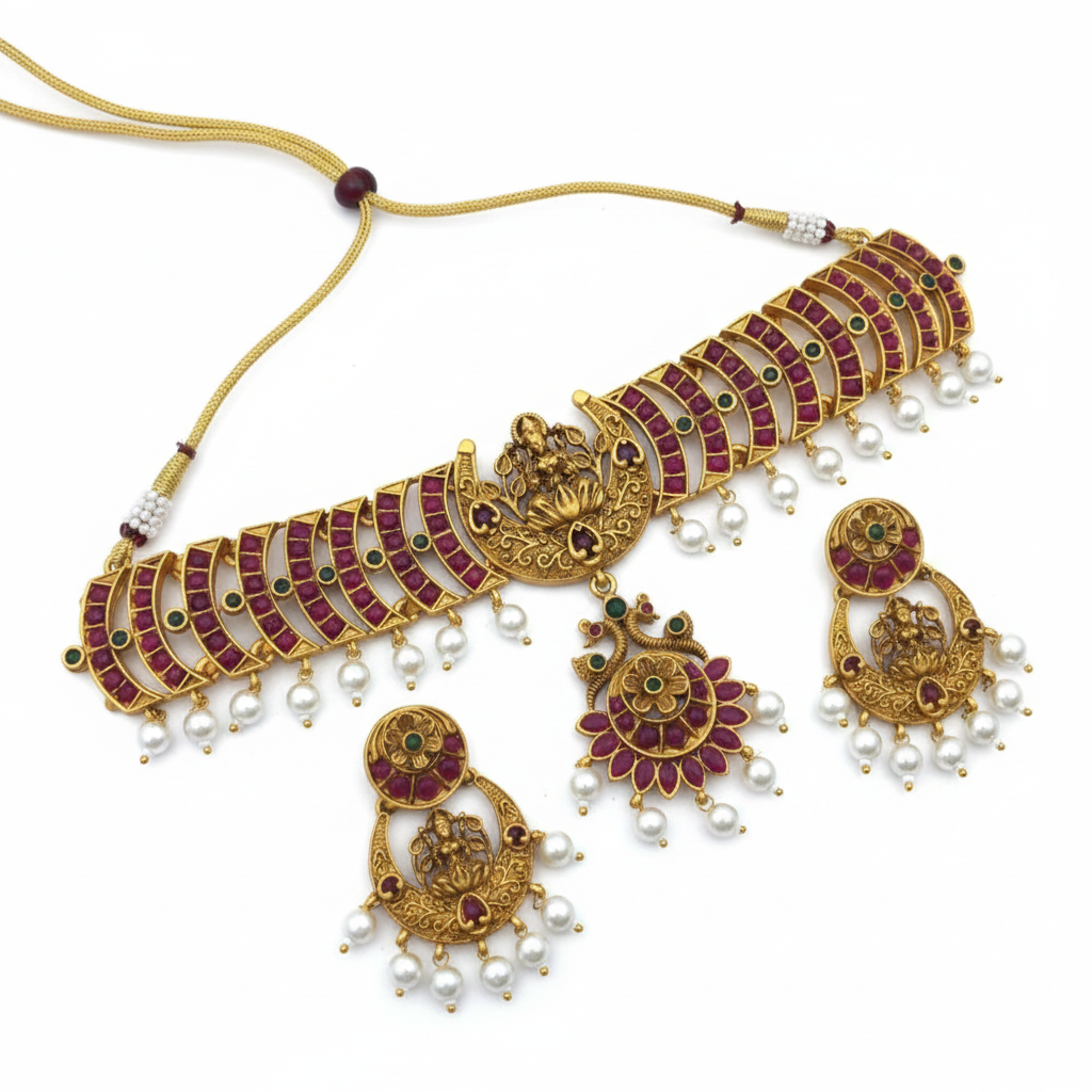 Women's Elegent Brass Chain Necklace Set (Pink, Free Size)