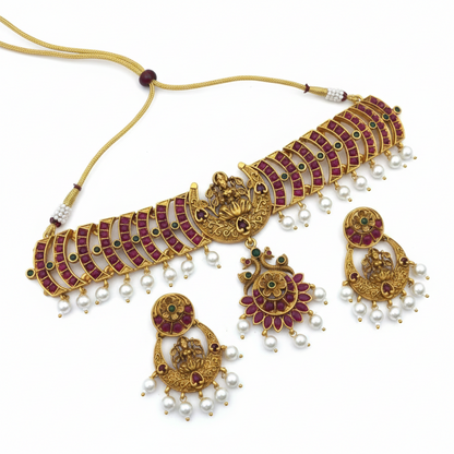 Women's Elegent Brass Chain Necklace Set (Pink, Free Size)