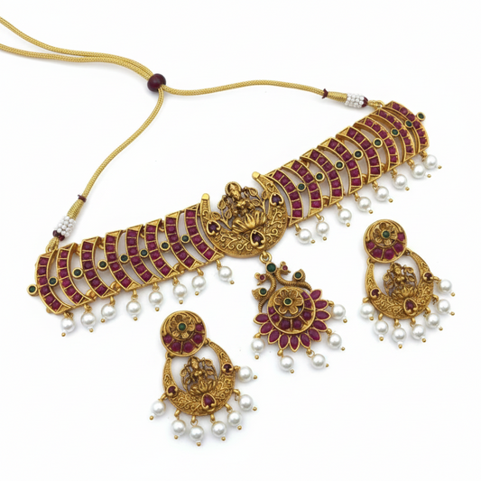 Women's Elegent Brass Chain Necklace Set (Pink, Free Size)