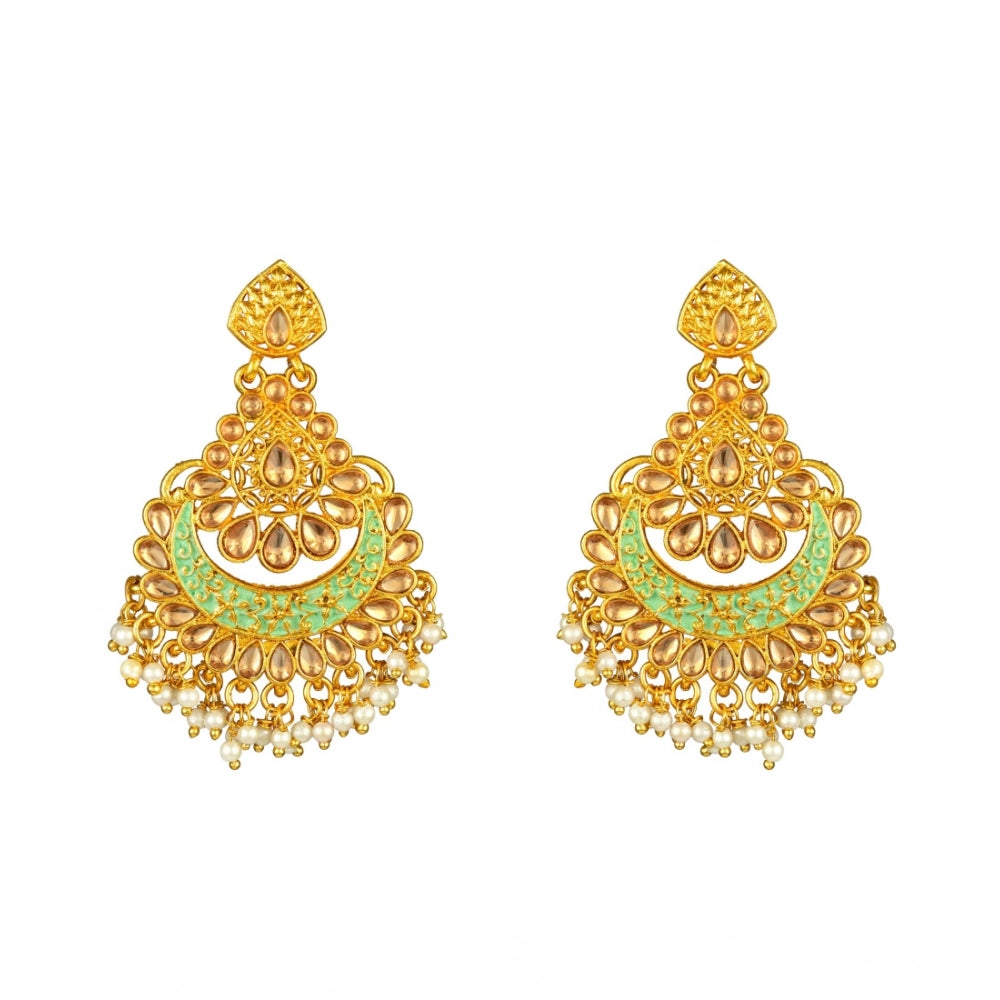 Women's Rose Gold Plated Alloy Kundan Earrings and Mangtikka (Green)