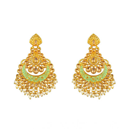 Women's Rose Gold Plated Alloy Kundan Earrings and Mangtikka (Green)