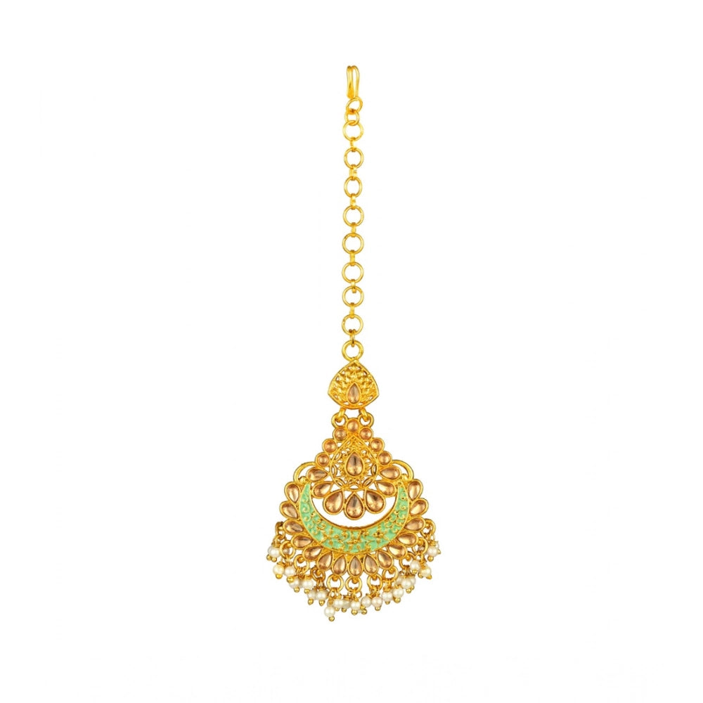 Women's Rose Gold Plated Alloy Kundan Earrings and Mangtikka (Green)