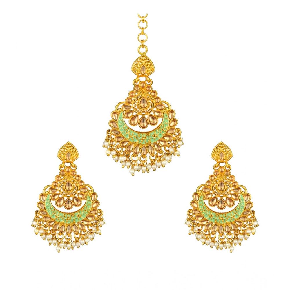 Women's Rose Gold Plated Alloy Kundan Earrings and Mangtikka (Green)