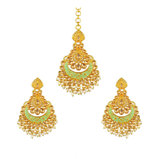 Women's Rose Gold Plated Alloy Kundan Earrings and Mangtikka (Green)
