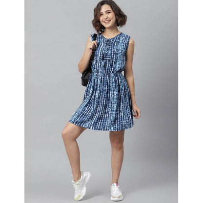 Generic Women's Rayon Tie &amp; Dye Sleeveless Above Knee Dress (Blue)